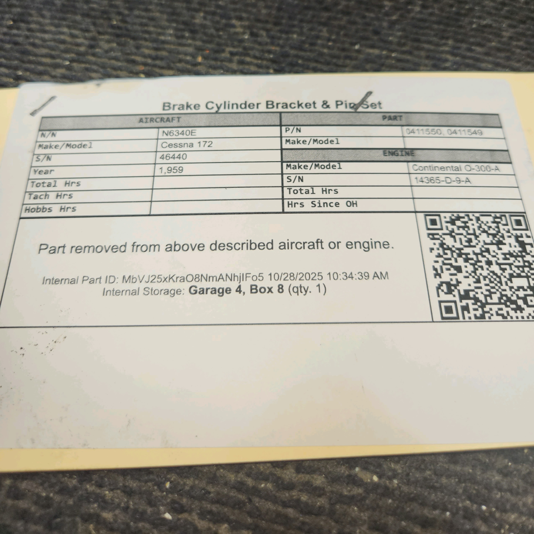 Used aircraft parts for sale, 0411550, 0411549 Cessna 172 Brake Cylinder Bracket & Pin Set