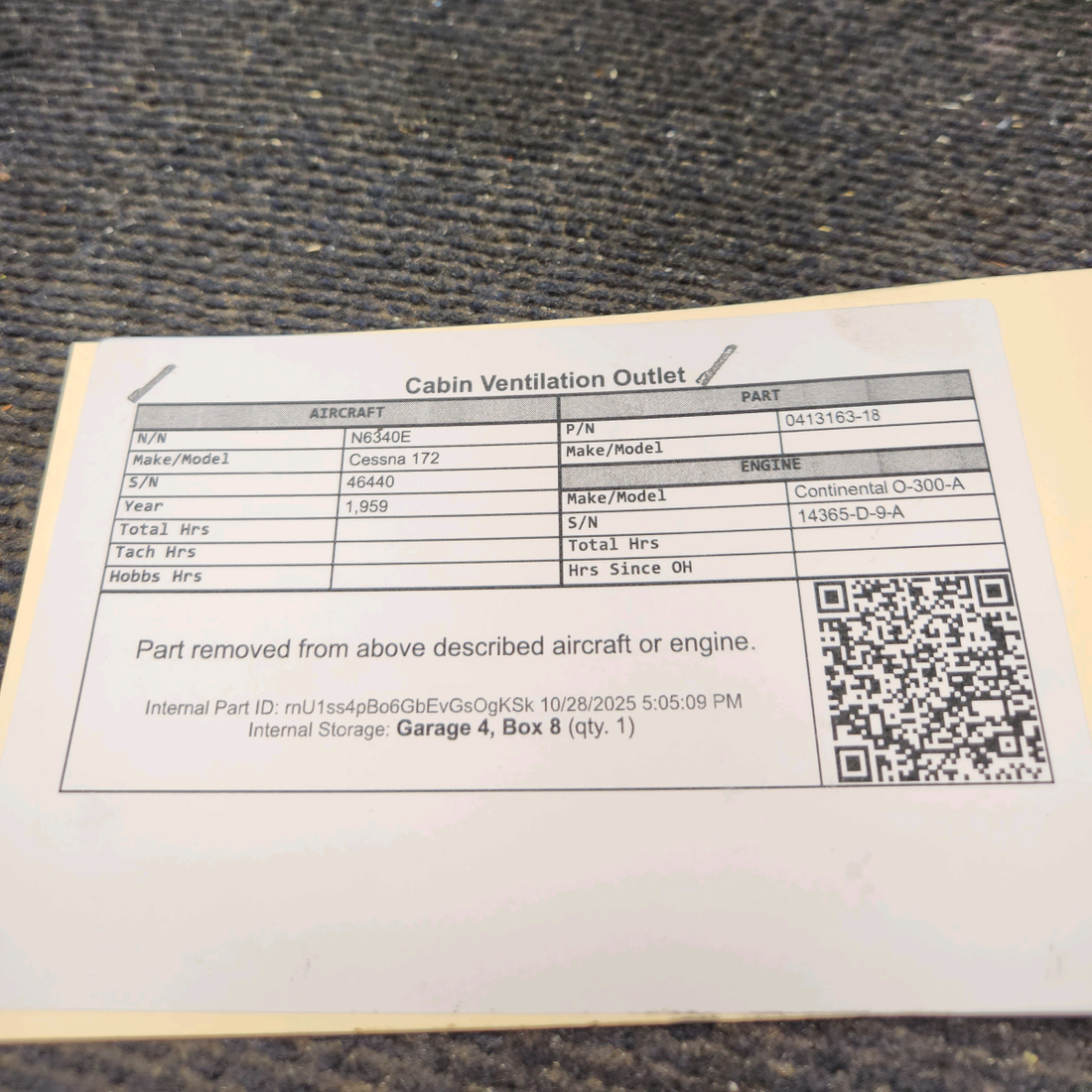 Used aircraft parts for sale, 0413163-18 Cessna 172 Cabin Ventilation Outlet
