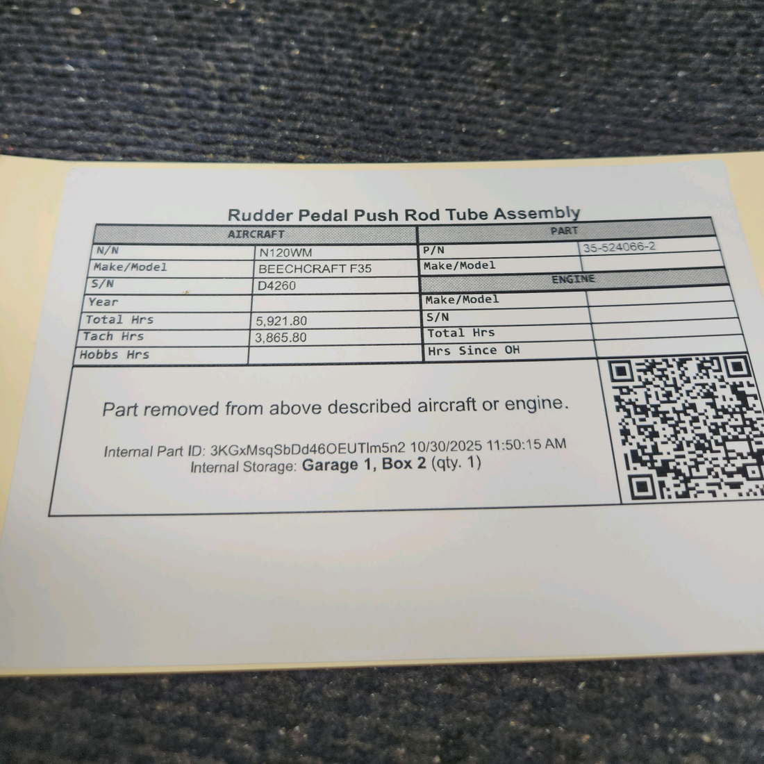 Used aircraft parts for sale, 35-524066-2 BEECHCRAFT F35 Rudder Pedal Push Rod Tube Assembly