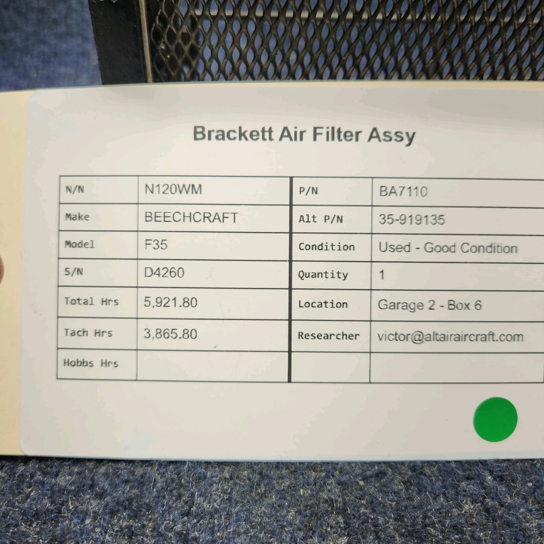 Used aircraft parts for sale, BA7110 BEECHCRAFT F35 BRACKETT AIR FILTER ASSY