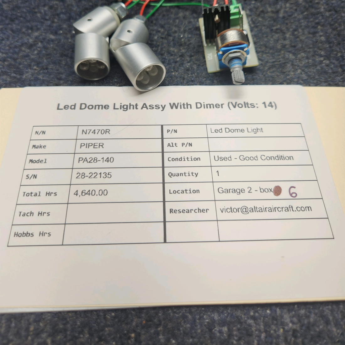 Used aircraft parts for sale, Led Dome Light PIPER PA28-140 LED DOME LIGHT ASSY WITH DIMER (VOLTS: 14)