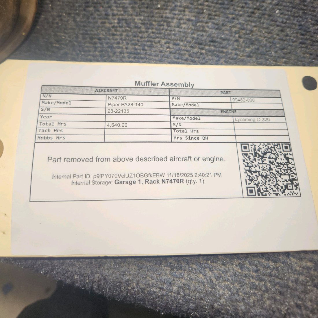 Used aircraft parts for sale, 99482-000 Piper PA28-140 Muffler Assembly