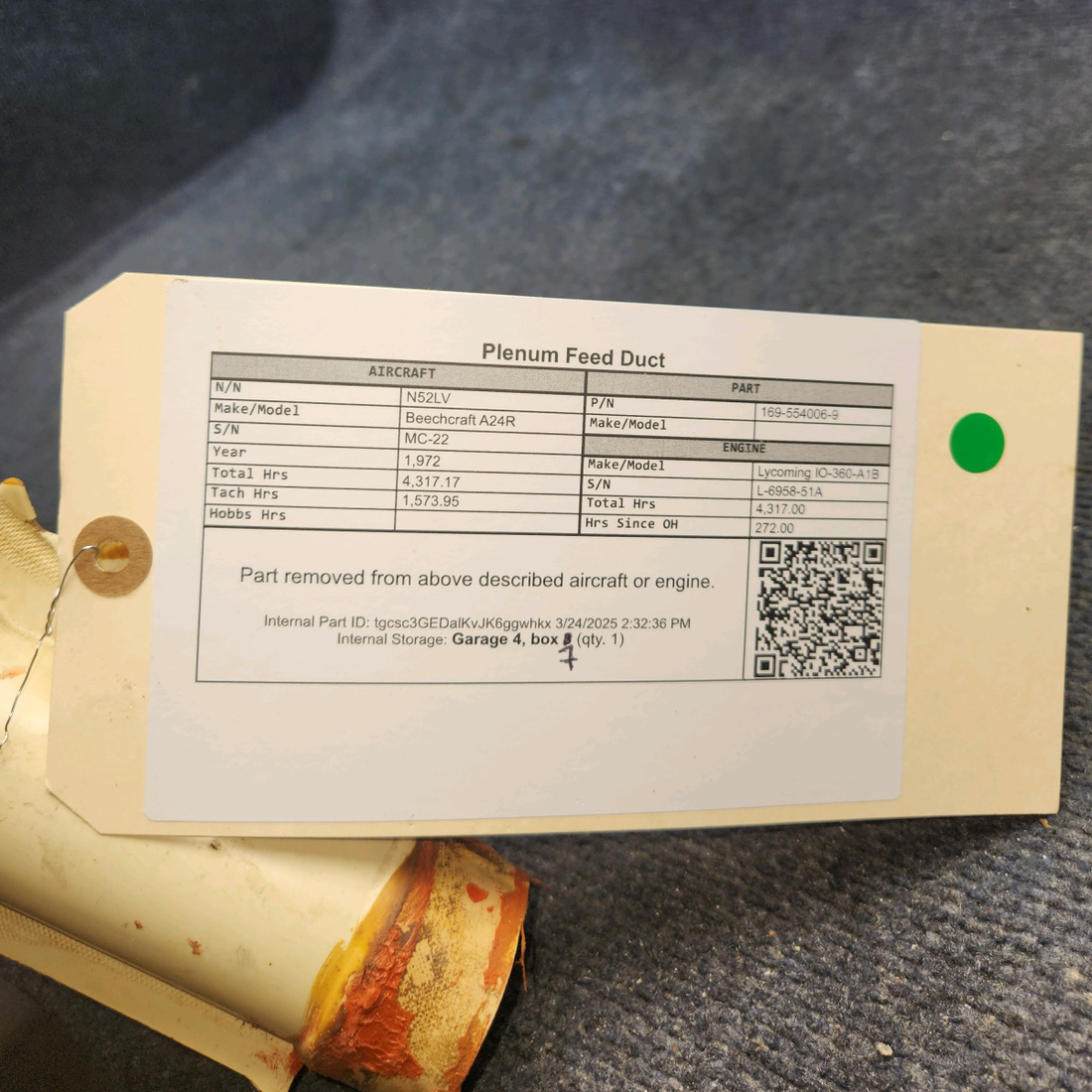 Used aircraft parts for sale, 169-554006-9 Beechcraft A24R Plenum Feed Duct