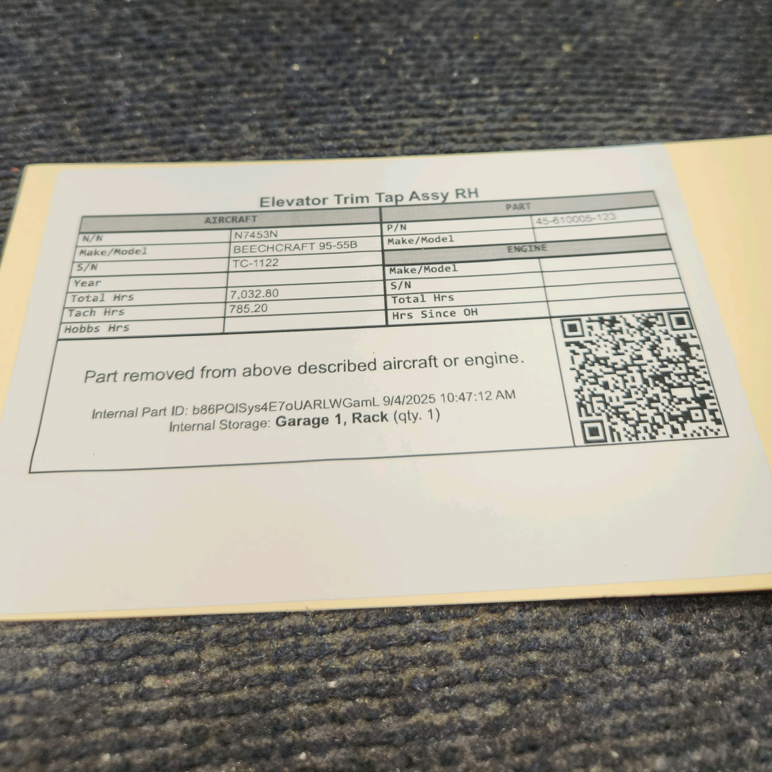 Used aircraft parts for sale, 45-610005-123 BEECHCRAFT 95-55B Elevator Trim Tap Assy - RH