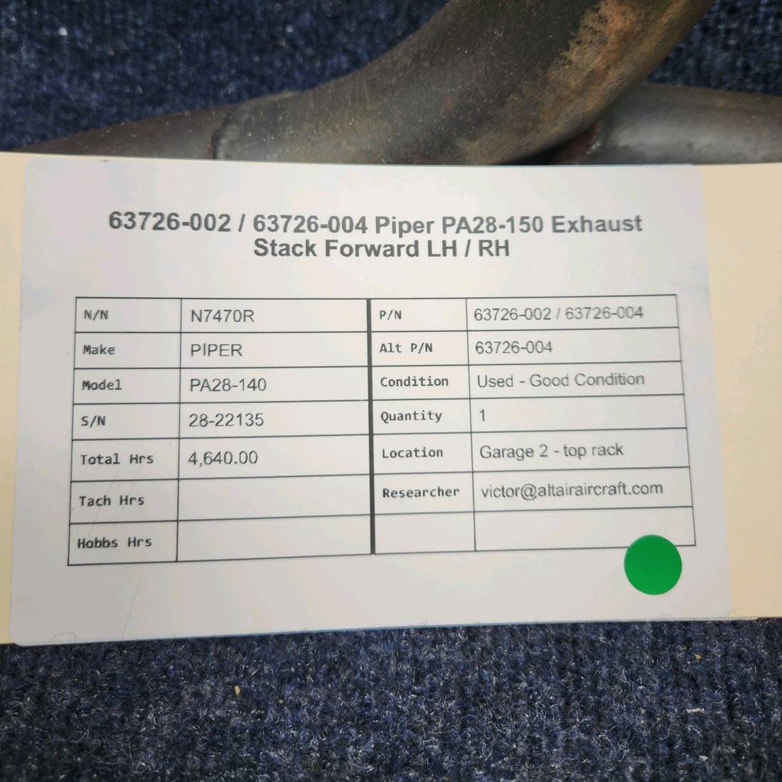 Used aircraft parts for sale, 63726-002 / 63726-004 PIPER PA28-140 FORWARD EXHAUST STACK LH / RH