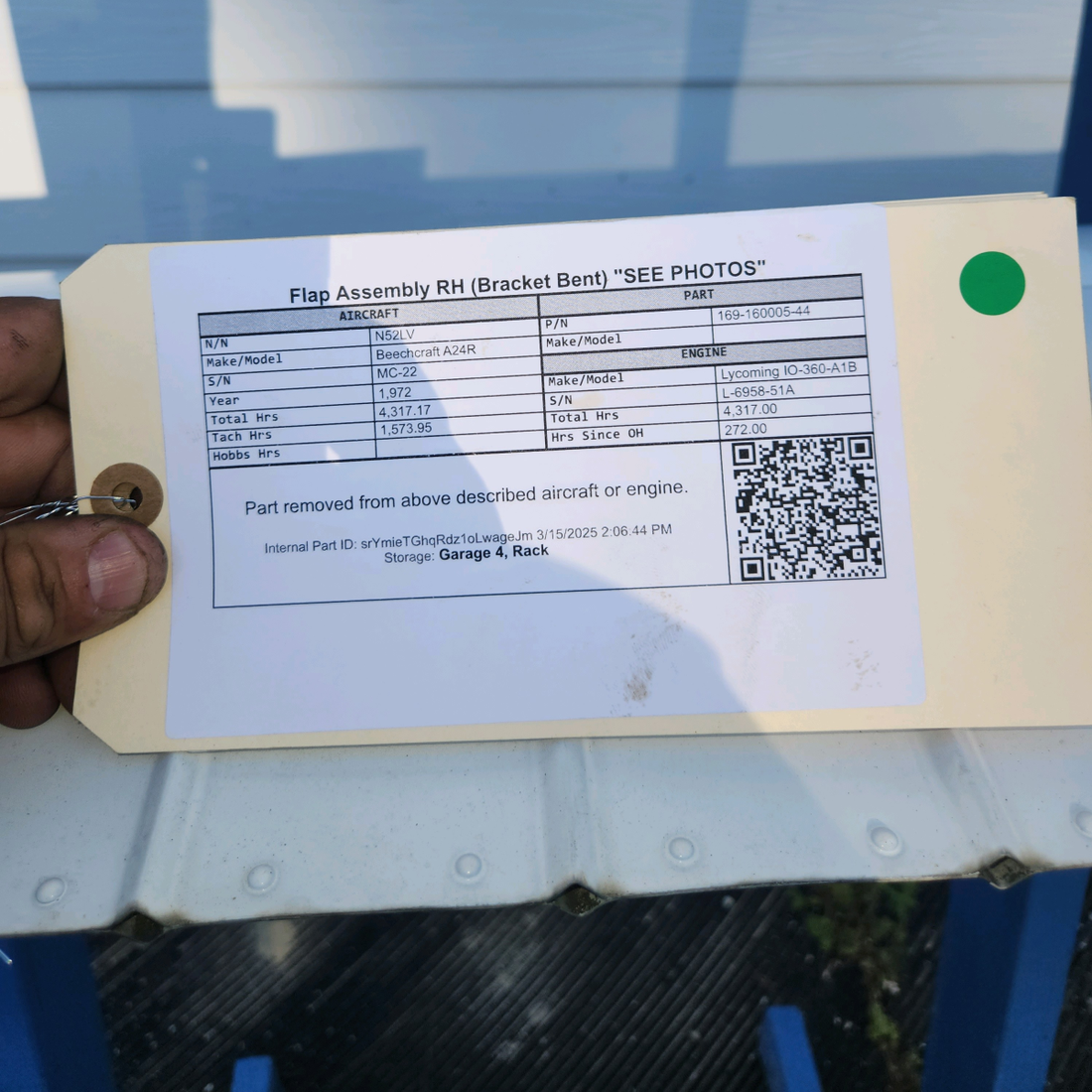 Used aircraft parts for sale, 169-160005-44 Beechcraft A24R Flap Assembly RH (Bracket Bent)  "SEE PHOTOS"