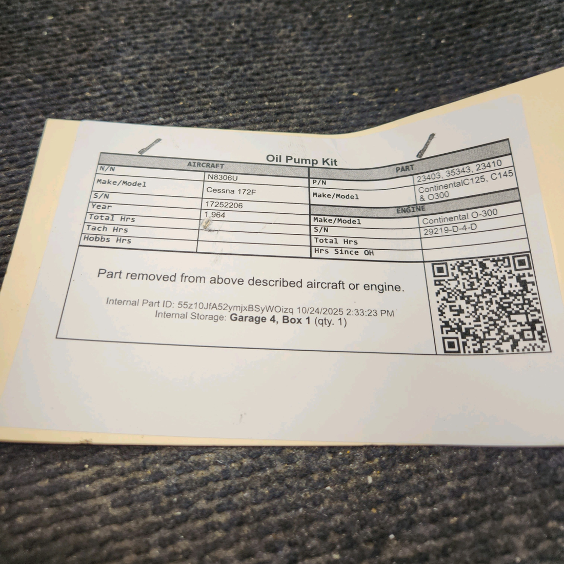 Used aircraft parts for sale, 23403, 35343, 23410 Continental C125, C145 & O300 Cessna 172F Oil Pump Kit