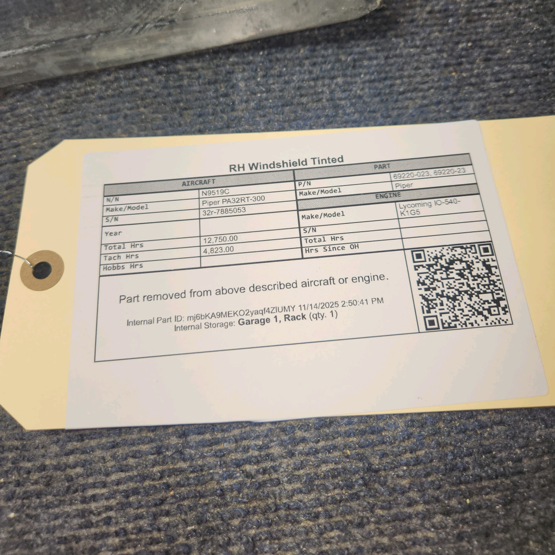 Used aircraft parts for sale, 69220-023 Piper PA32RT-300 Tinted Windshield - RH