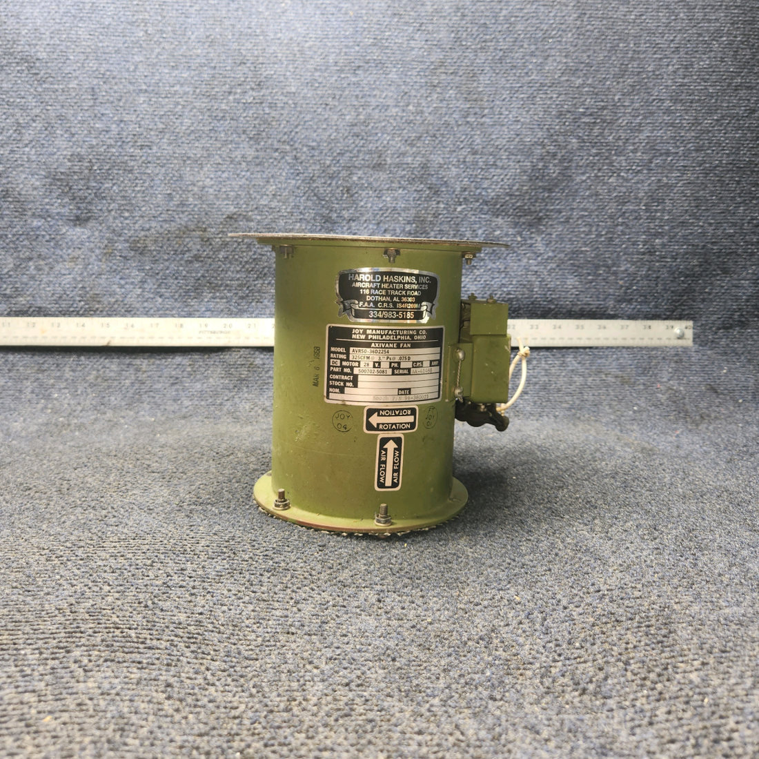 Used aircraft parts for sale, 500702-5081 Joy Manufacturing BEECHCRAFT 95-55B Axivane Heater Fan Motor 28 V