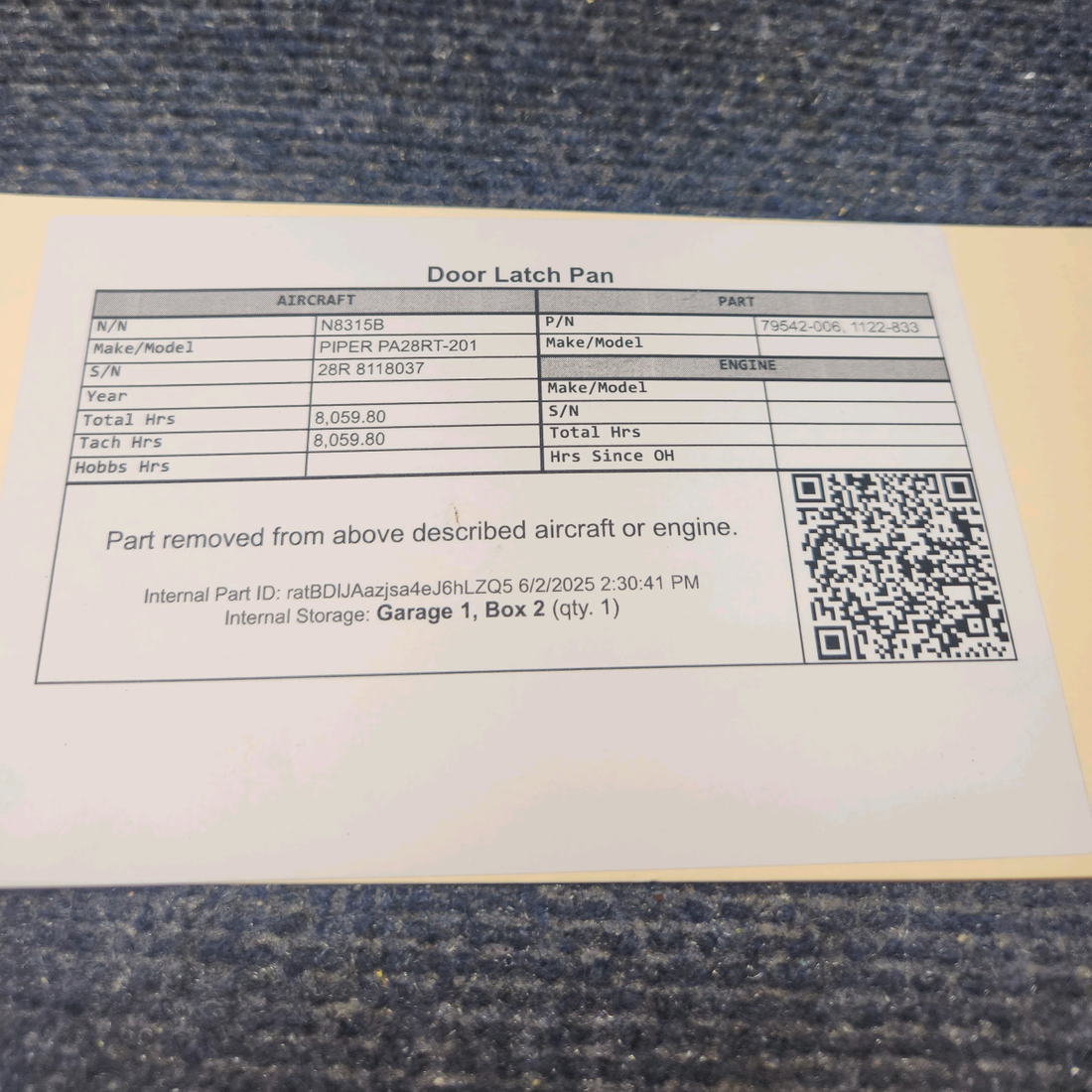 Used aircraft parts for sale, 79542-006 PIPER PA28RT-201 Door Latch Pan