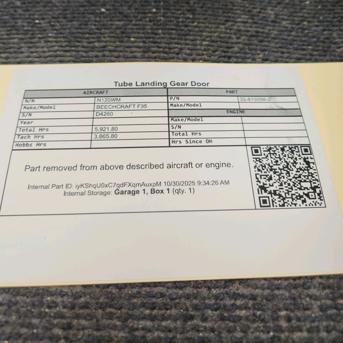 Used aircraft parts for sale, 35-815056-2 BEECHCRAFT F35 Tube Landing Gear Door