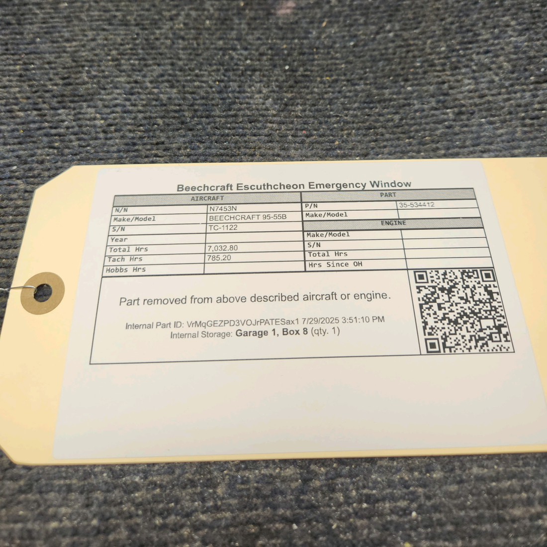 Used aircraft parts for sale, 35-534412 BEECHCRAFT 95-55B Escutcheon Emergency Window