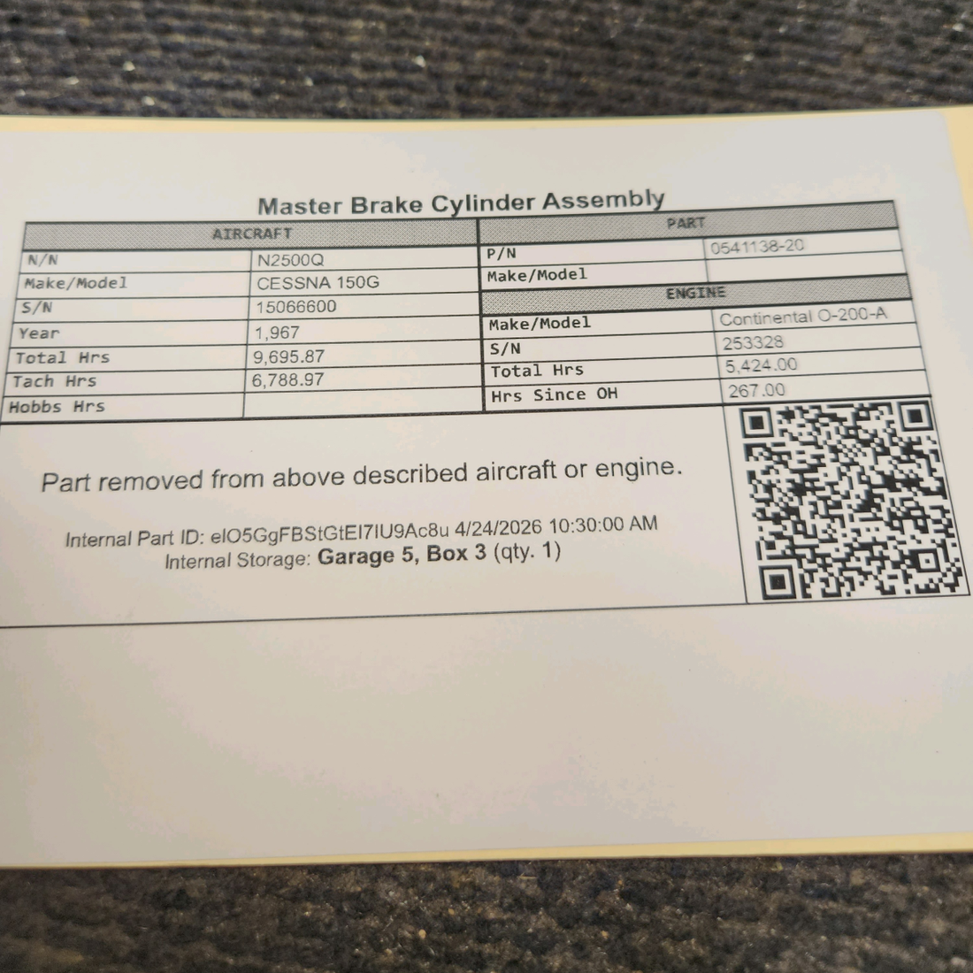Used aircraft parts for sale, 0541138-20 cessna 150G Brake Cylinder Assembly