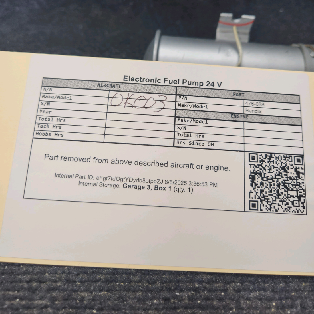 Used aircraft parts for sale, 476-088 Bendix Electronic Fuel Pump 24 V