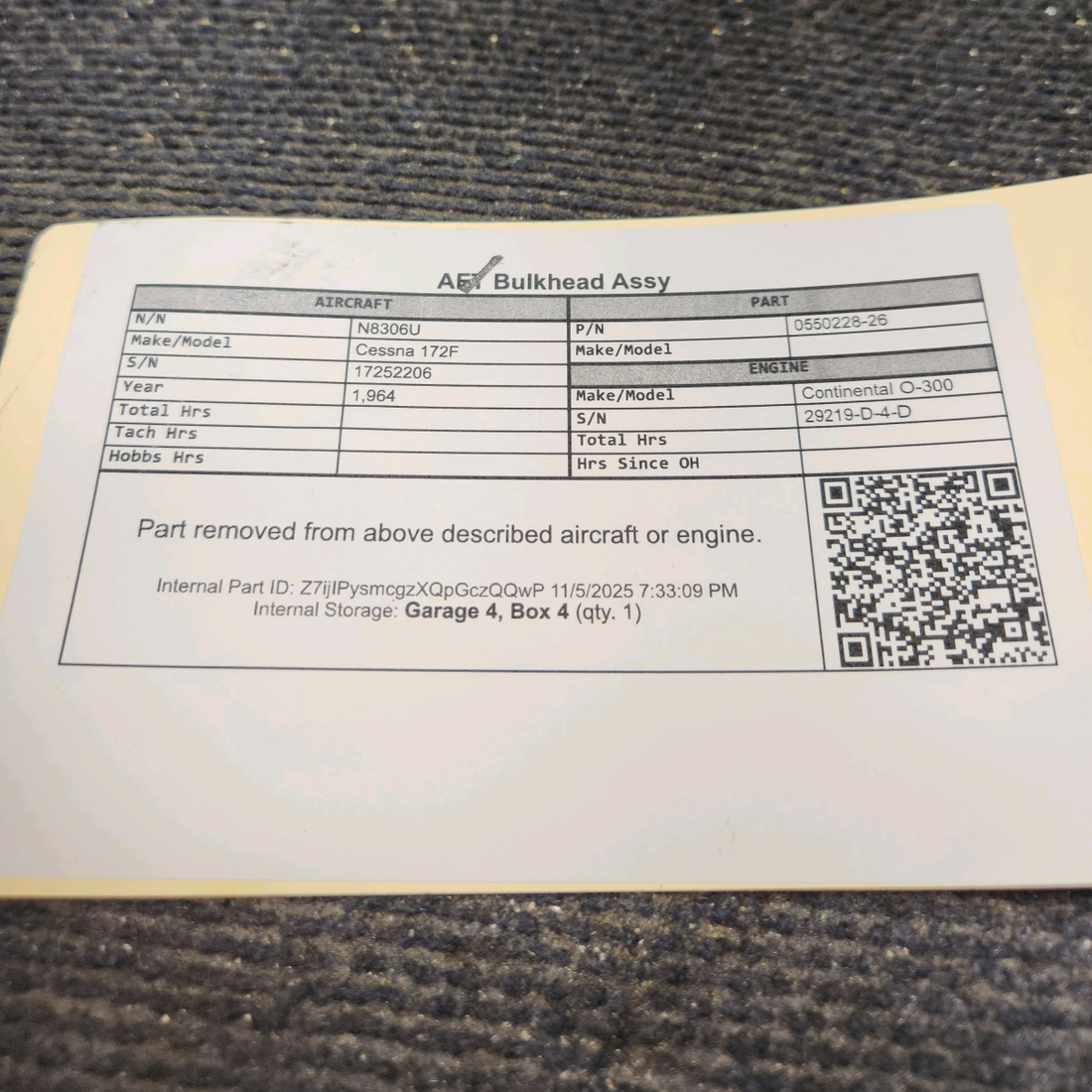 Used aircraft parts for sale, 0550228-26 Cessna 172F AFT Bulkhead Assy