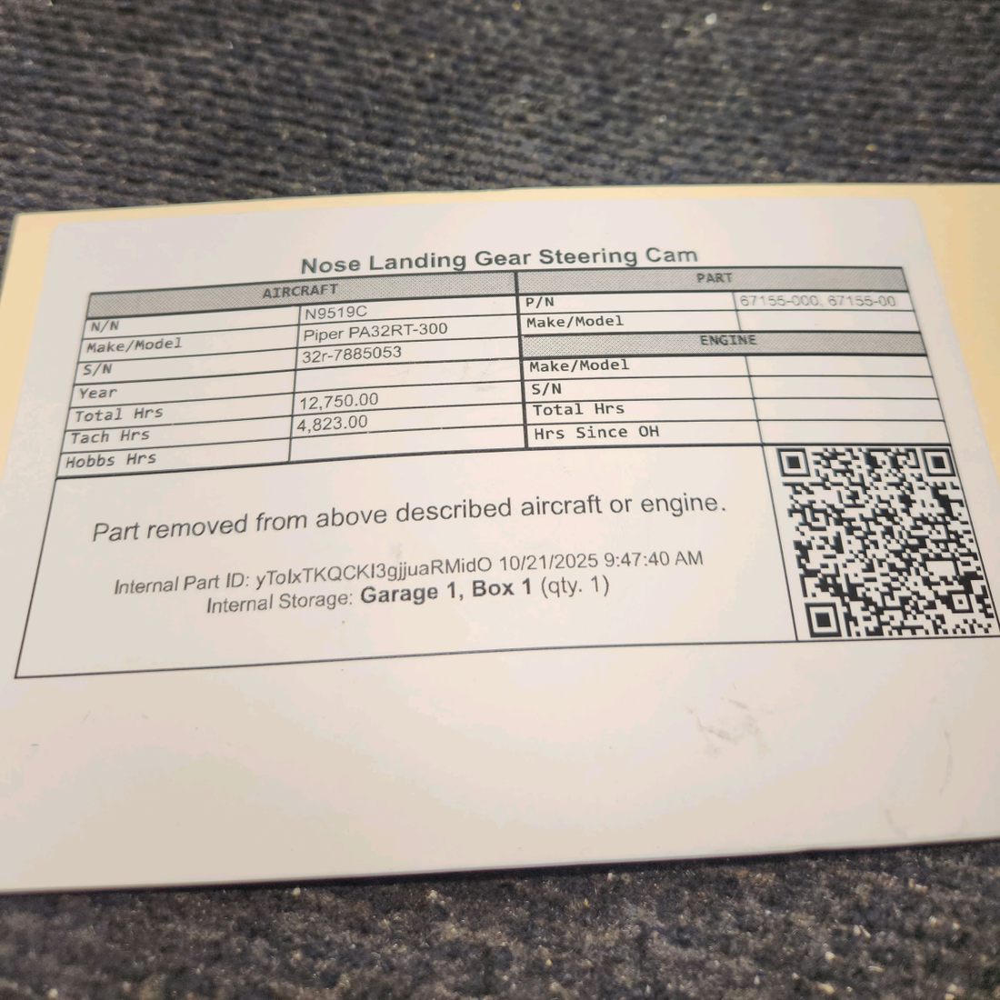 Used aircraft parts for sale, 67155-000 Piper PA32RT-300 Nose Landing Gear Steering Cam
