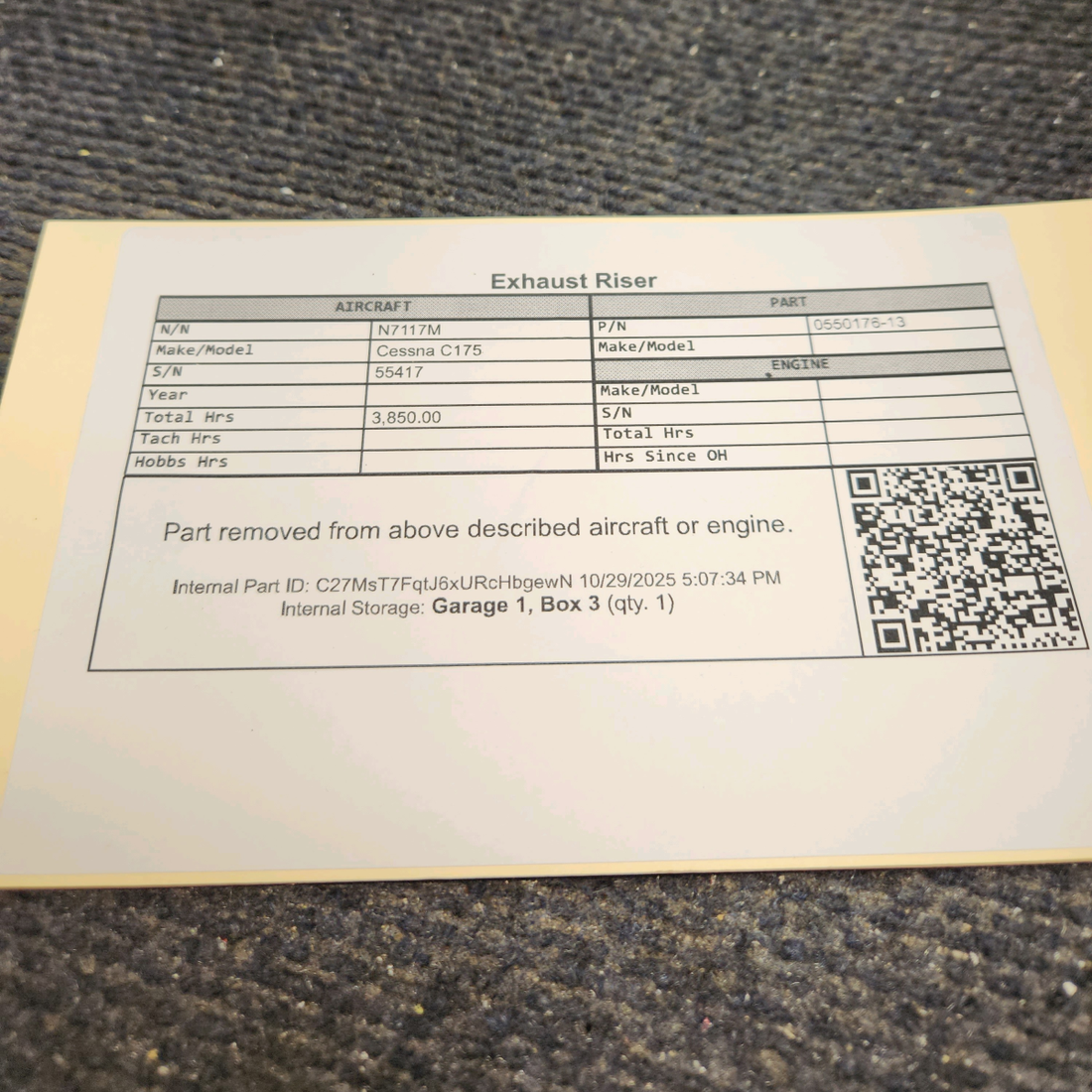 Used aircraft parts for sale, 0550176-14 Continental O-300 Cessna C175 Exhaust Riser