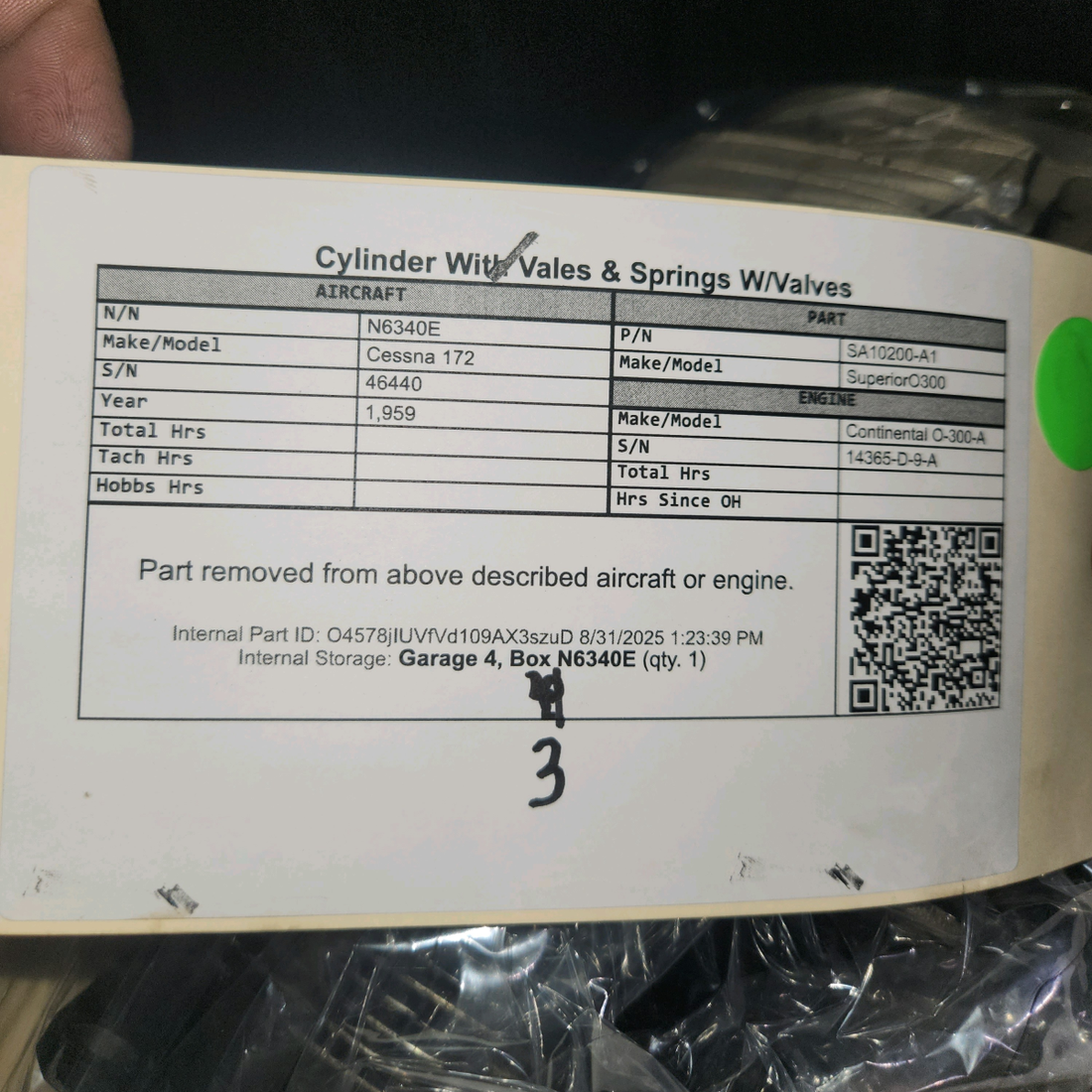 Used aircraft parts for sale, SA10200-A1 Superior O-300 Cessna 172 Cylinder with Valves and Springs