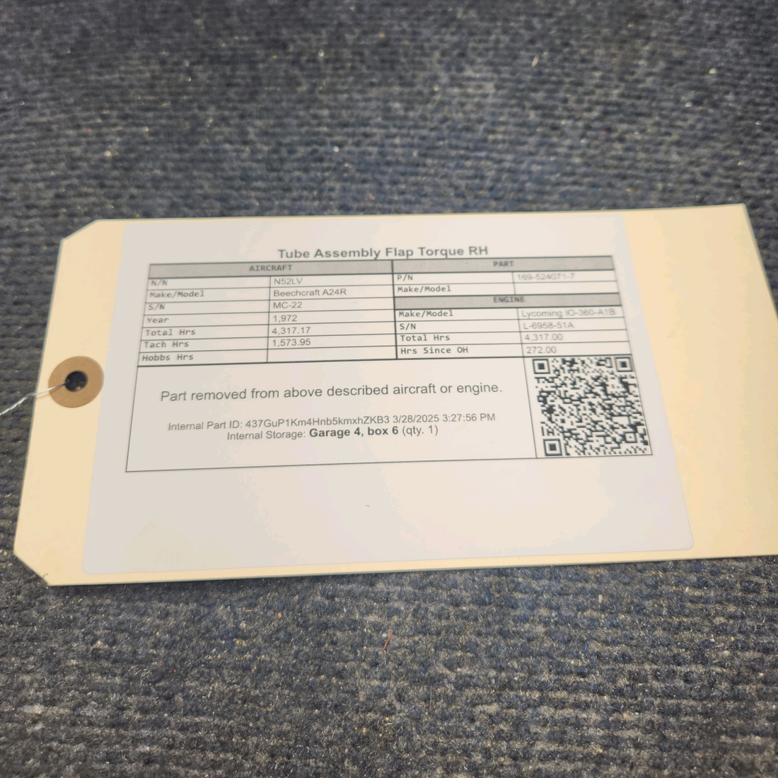 Used aircraft parts for sale, 169-524071-7 Beechcraft A24R Tube Assembly Flap Torque RH