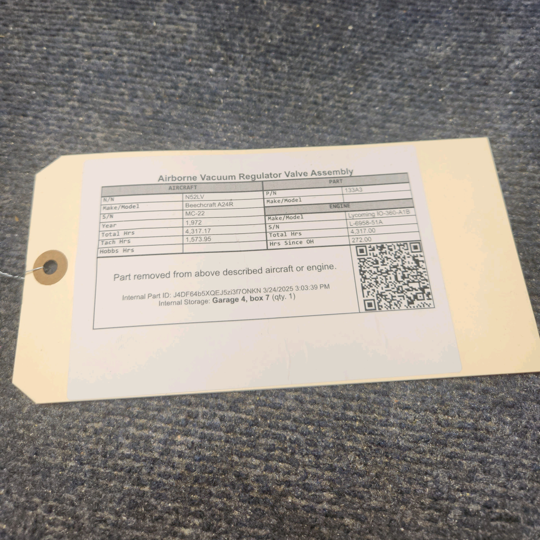 Used aircraft parts for sale, 133A3 Airborne Beechcraft A24R Vacuum Regulator Valve Assembly