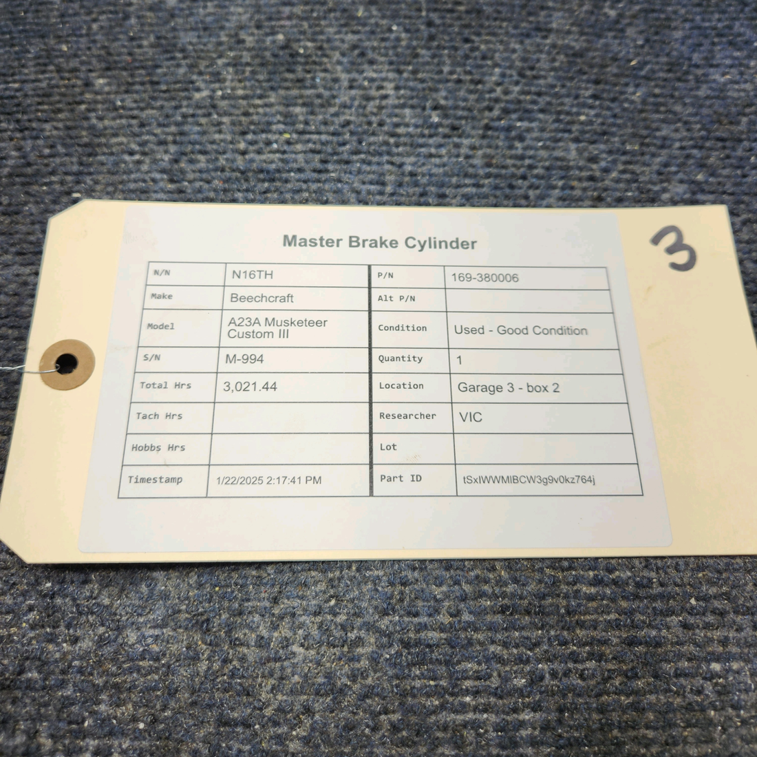 Used aircraft parts for sale, 169-380006 Beechcraft A23A Musketeer Custom III MASTER BRAKE CYLINDER