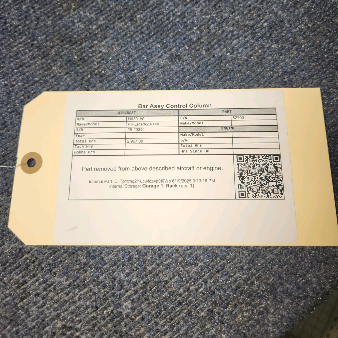 Used aircraft parts for sale, 62703-024 PIPER PA28-140 Tee Bar Assy - Control Column