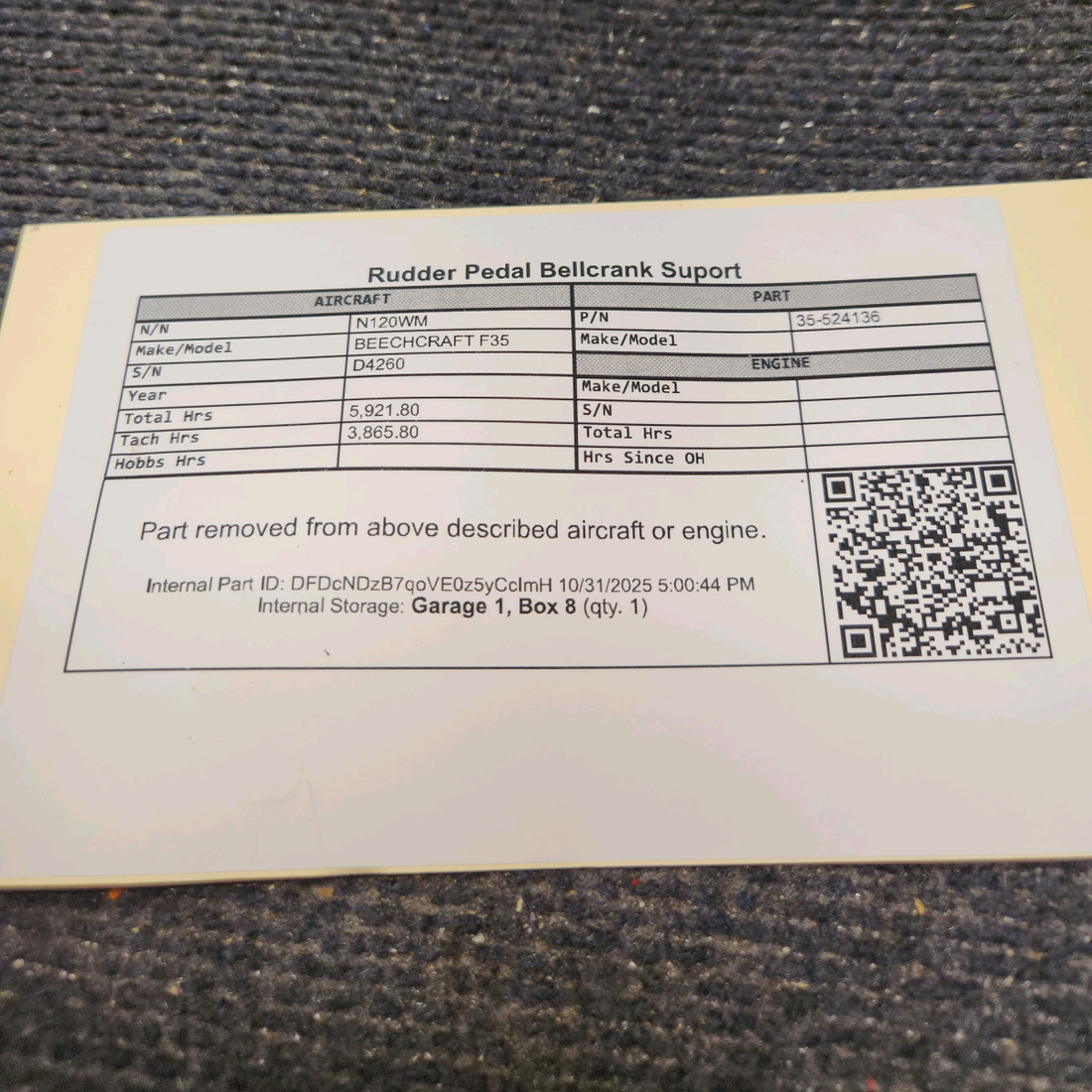 Used aircraft parts for sale, 35-524136 BEECHCRAFT F35 Rudder Pedal Bellcrank Support