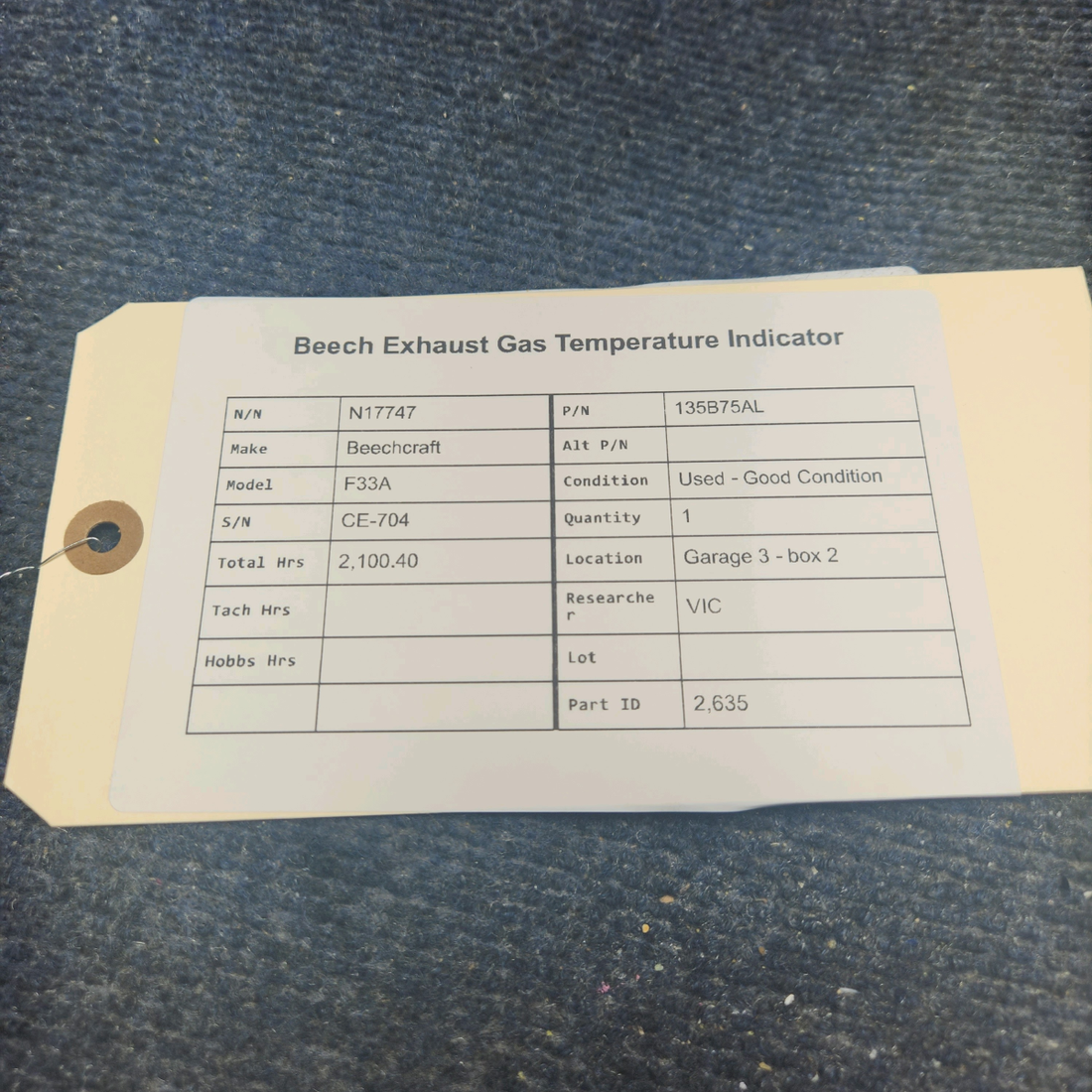 Used aircraft parts for sale, 135B75AL Beechcraft F33A BEECH EXHAUST GAS TEMPERATURE INDICATOR