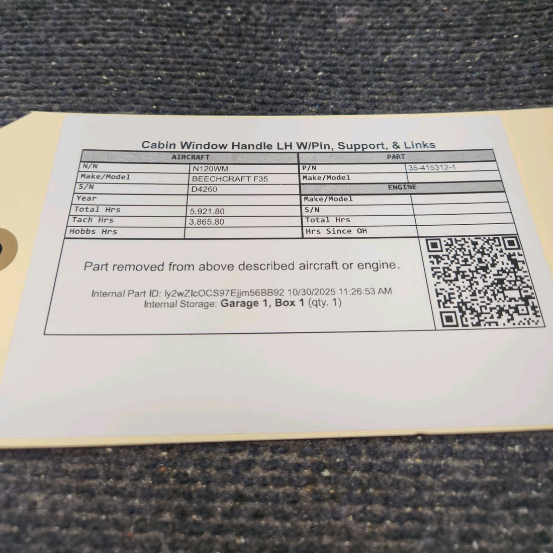 Used aircraft parts for sale, 35-415312-1 BEECHCRAFT F35 Cabin Window Handle Assembly with Pin, Support, and Linkages - LH