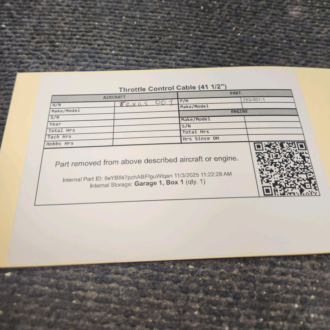Used aircraft parts for sale, 253-001-1 Mooney M20C Throttle Control Cable (41 1/2")