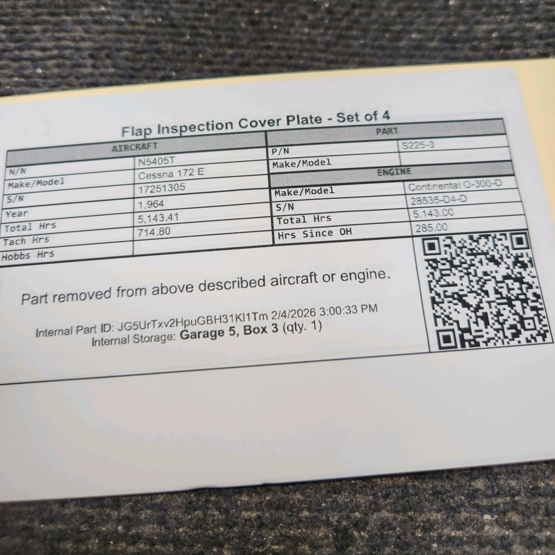 Used aircraft parts for sale, S225-3 Cessna 172E Flap Inspection Cover Plate - Set of 4