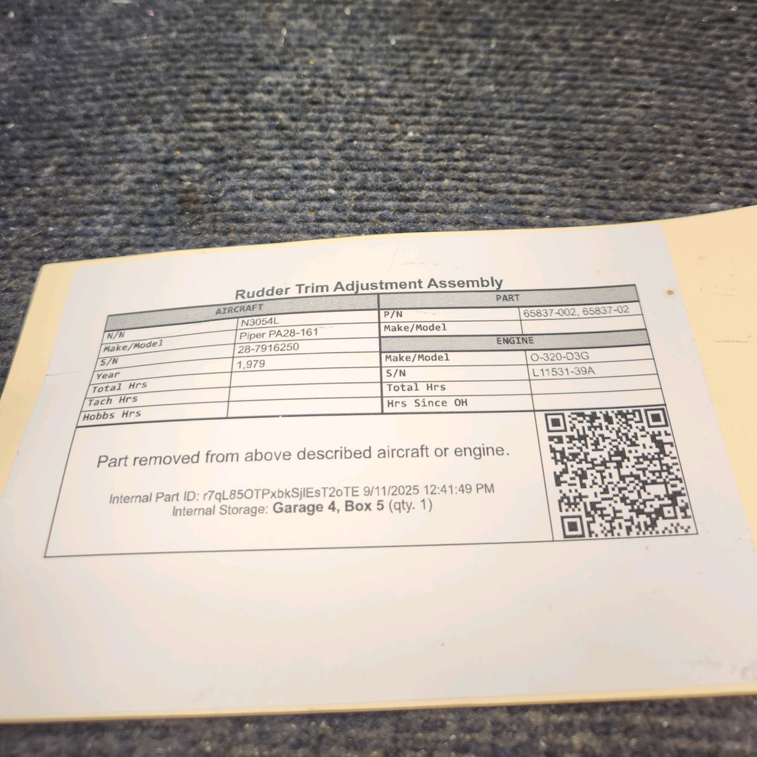 Used aircraft parts for sale, 65837-002 Piper PA28-161 Rudder Trim Adjustment Assembly