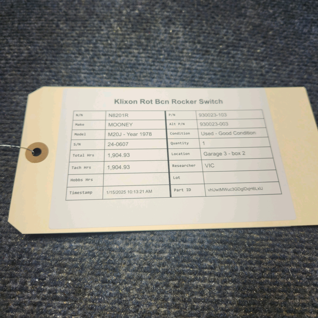 Used aircraft parts for sale, 930023-103 klixon MOONEY M20J ROT BCN  ROCKER SWITCH