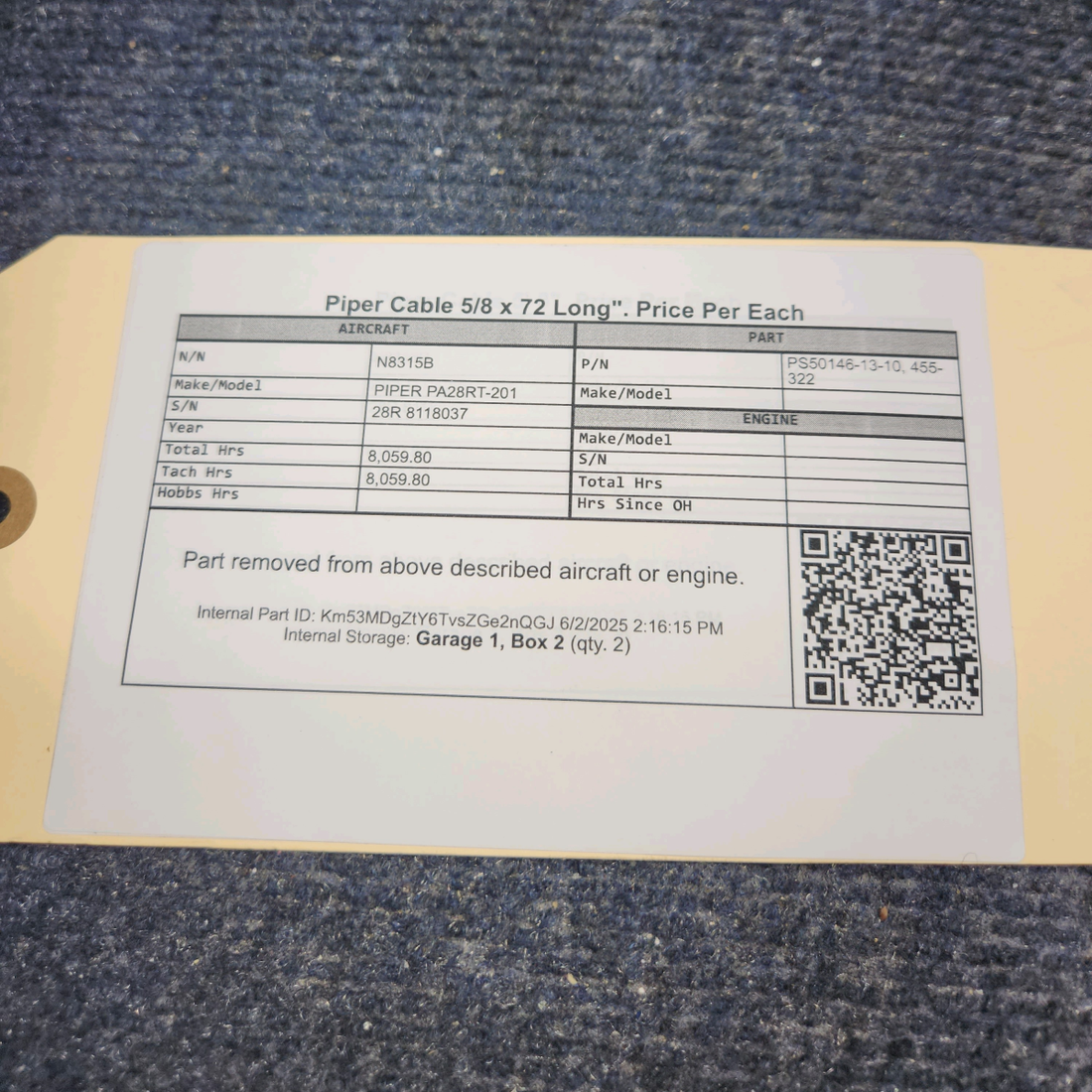 Used aircraft parts for sale, PS50146-13-10 PIPER PA28RT-201 Mixture Cable - Length 72"-  Price per Each