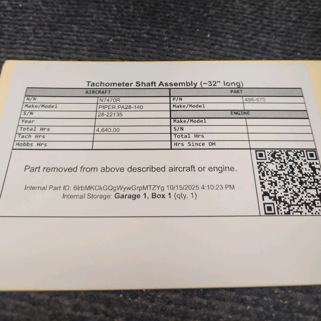 Used aircraft parts for sale, 486-570 PIPER PA28-140 Tachometer Shaft Assembly (~32" long)