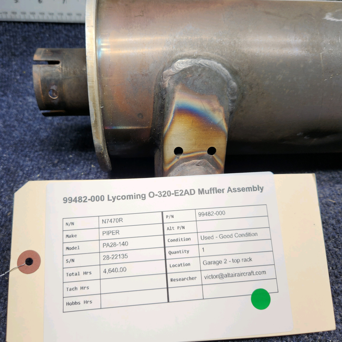 Used aircraft parts for sale, 99482-000 Lycoming  [part_model] PIPER PA28-140 LYCOMING O-320-E2AD MUFFLER ASSEMBLY