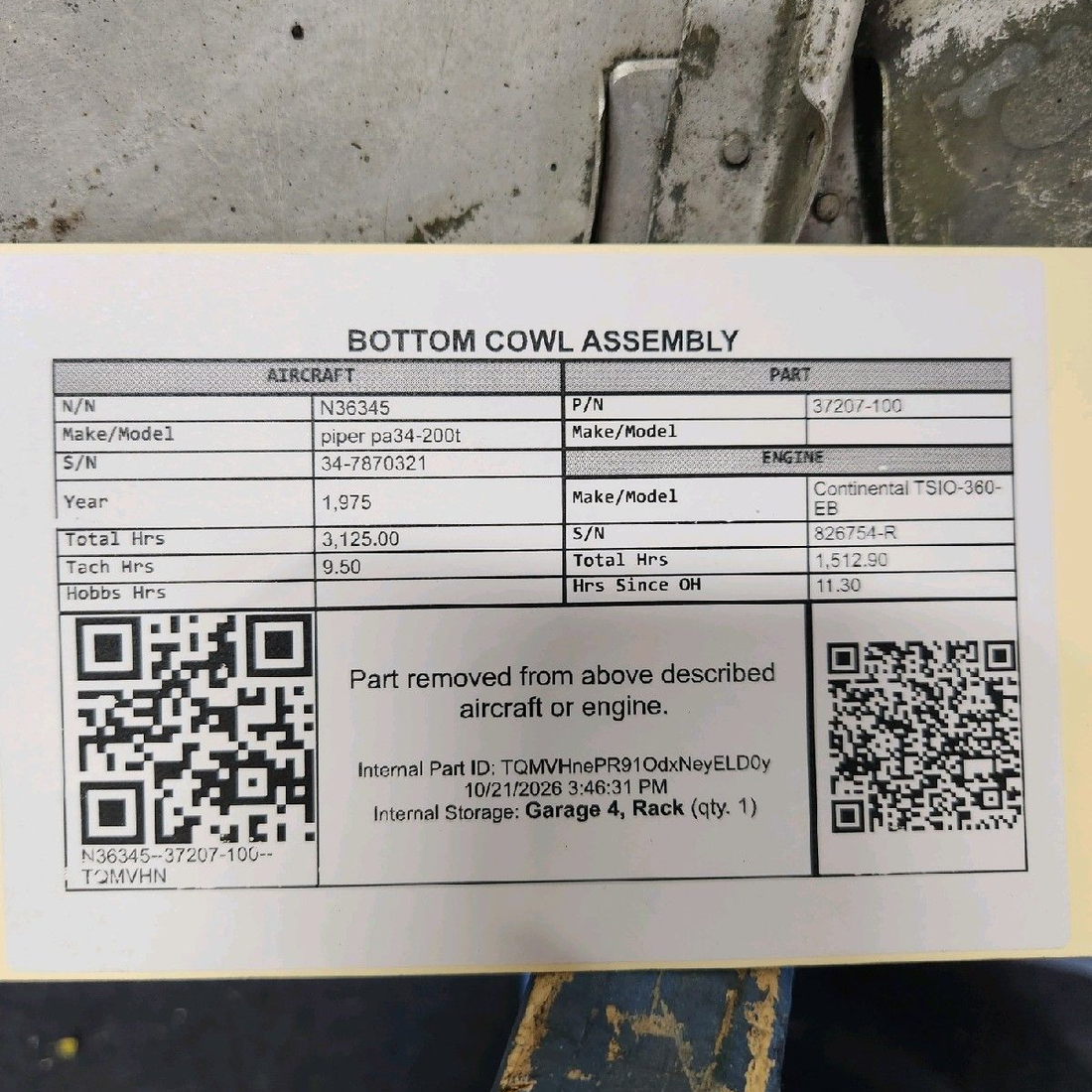 Used aircraft parts for sale, 37207-100 piper pa34-200t Bottom Cowl Assembly