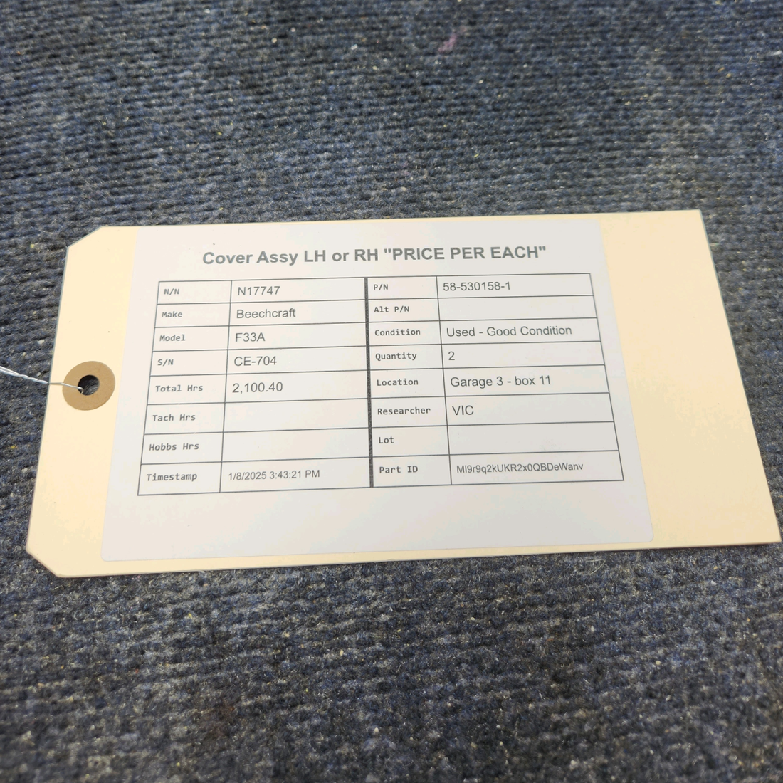 Used aircraft parts for sale, 58-530158-1 Beechcraft F33A COVER ASSY LH OR RH "PRICE PER EACH"