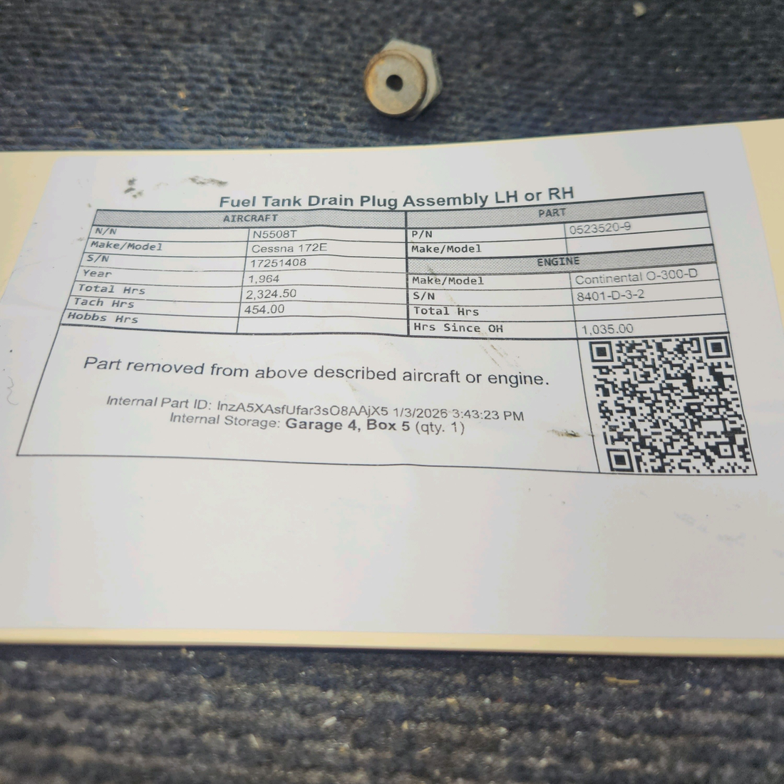 Used aircraft parts for sale, 0523520-9 Cessna 172E Fuel Tank Drain Plug Assembly LH or RH