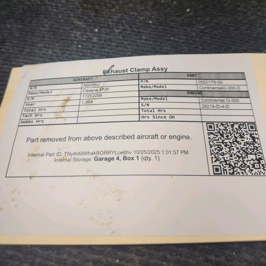 Used aircraft parts for sale, 0550176-50 Continental O-300-D Cessna 172F Exhaust Clamp Assy