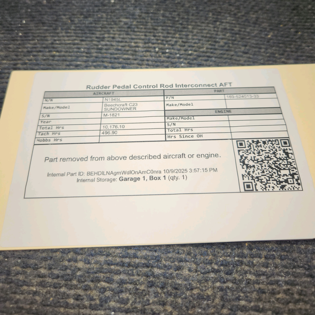 Used aircraft parts for sale, 169-524013-33 Beechcraft C23 SUNDOWNER Aft Rudder Pedal Control Rod Interconnect Assembly