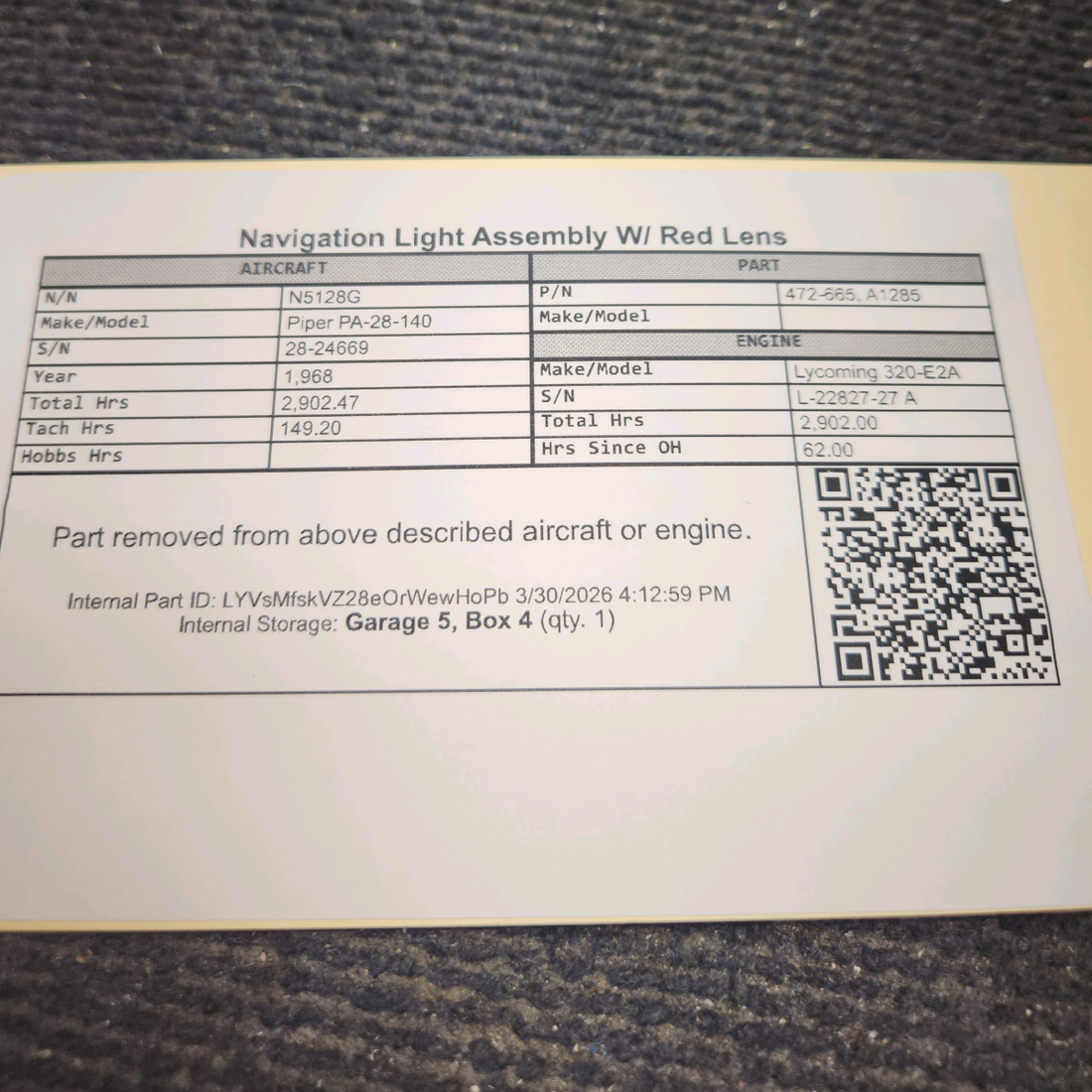 Used aircraft parts for sale, 472-665 Piper PA-28-140 Navigation Light Assembly W/ Red Lens