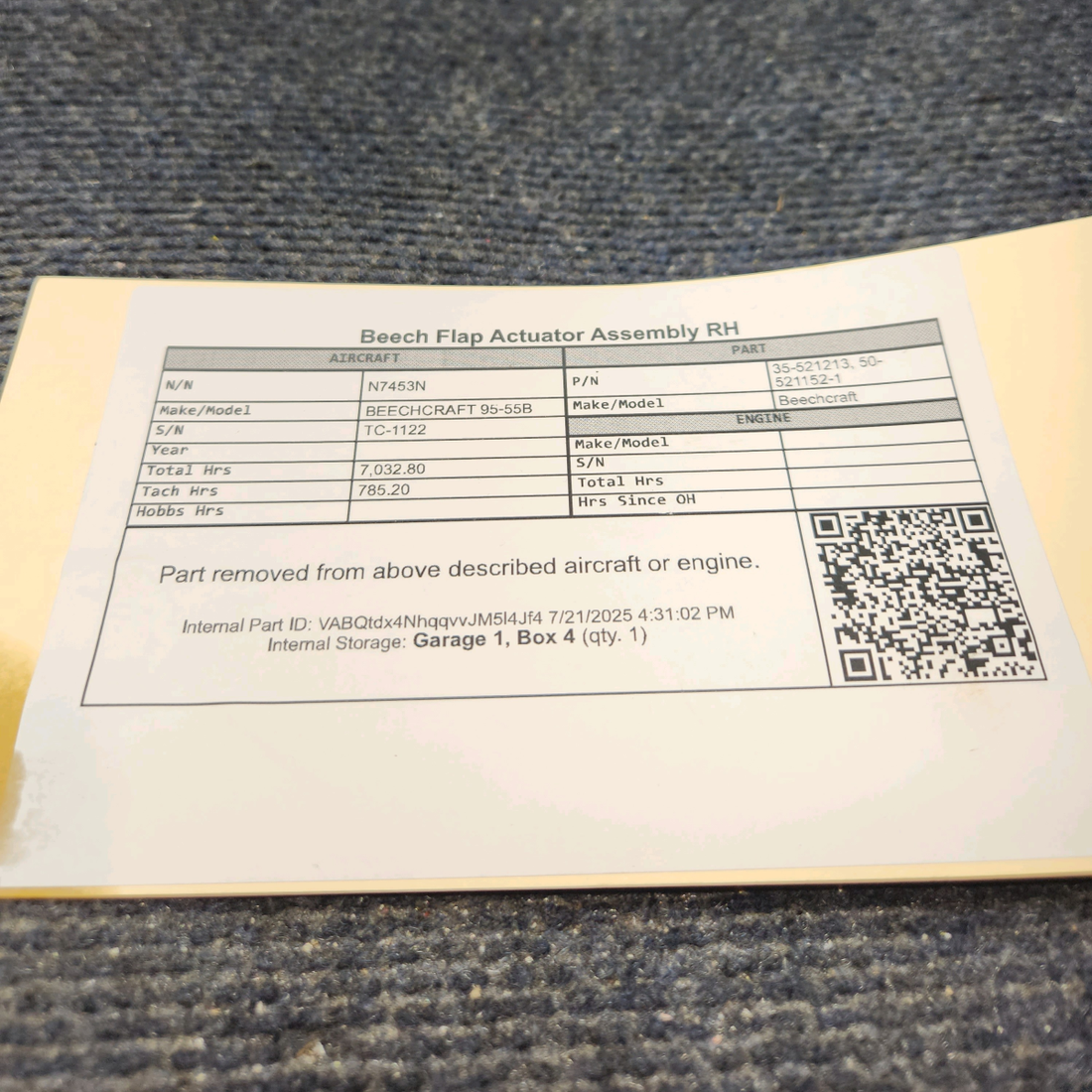 Used aircraft parts for sale, 35-521213 BEECHCRAFT 95-55B Beech Flap Actuator Assembly - RH