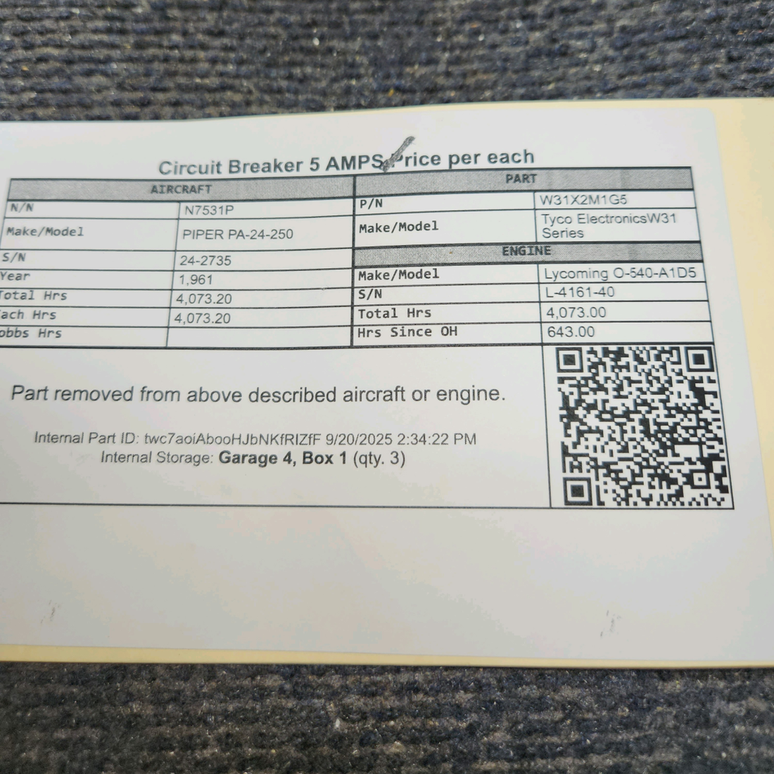 Used aircraft parts for sale, W31X2M1G5 Tyco Electronics W31 Series PIPER PA-24-250 Circuit Breaker – 5 Amps, Price per Each