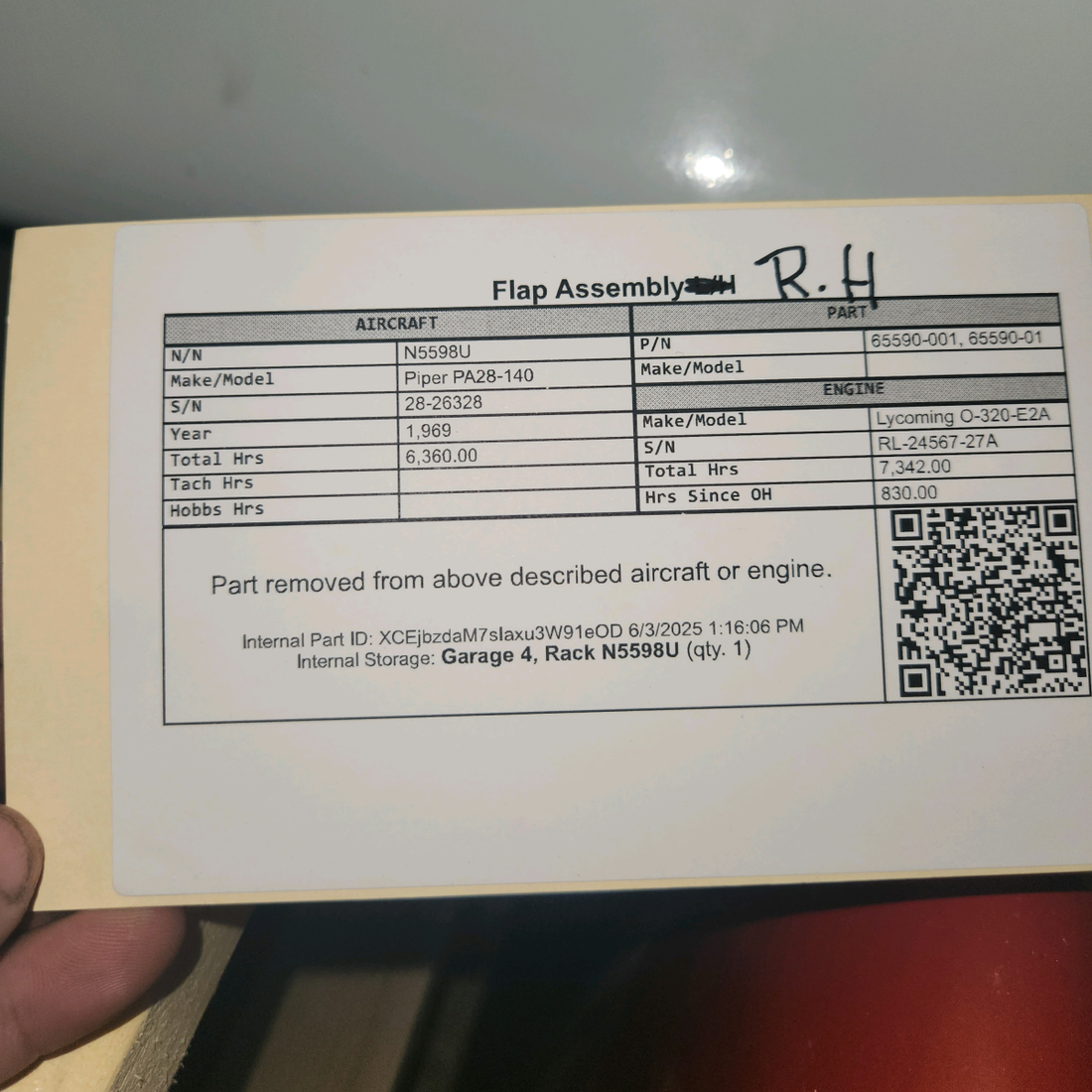 Used aircraft parts for sale, 65590-001 Piper PA28-140 Flap Assembly R/H