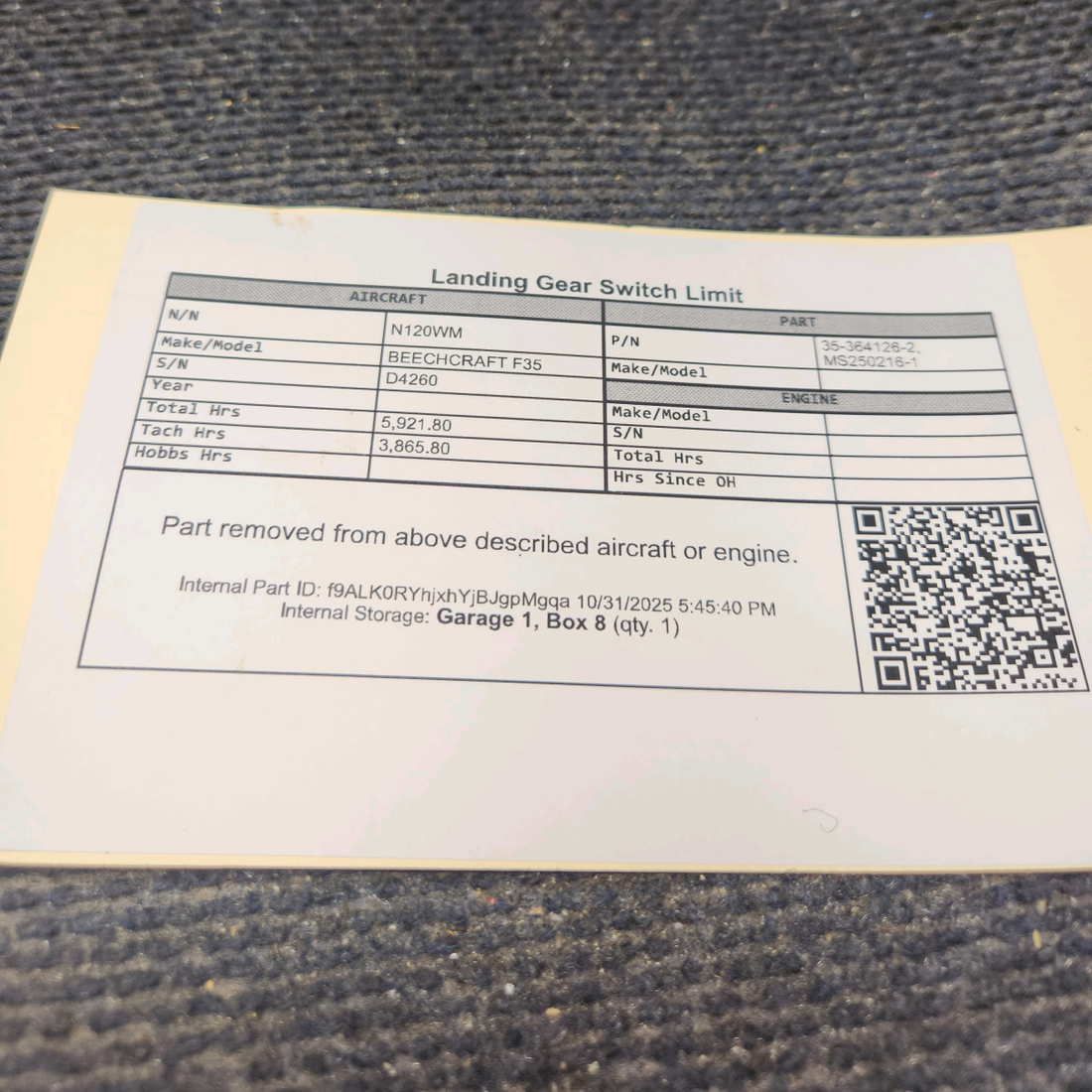 Used aircraft parts for sale, 35-364126-2 Beechcraft F35 Landing Gear Switch Limit