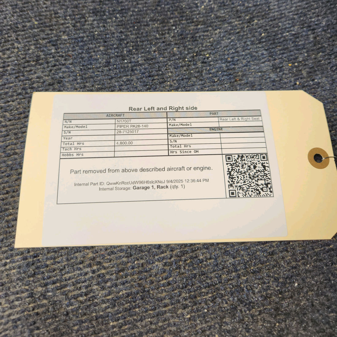 Used aircraft parts for sale, 99359-000, 99358-000 PIPER PA28-140 Rear Seat Assembly Set.