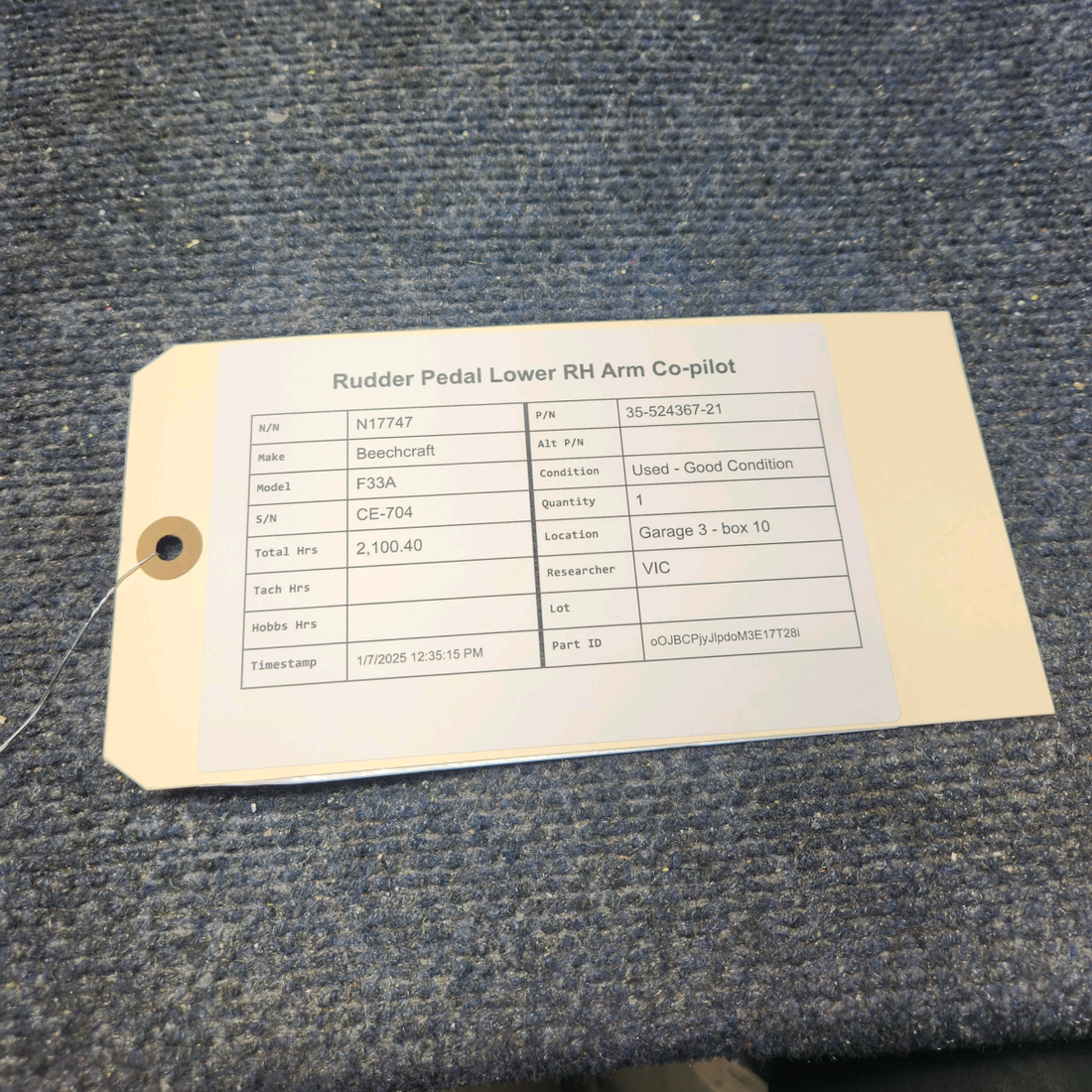 Used aircraft parts for sale, 35-524367-21 Beechcraft F33A RUDDER PEDAL LOWER RH ARM CO-PILOT