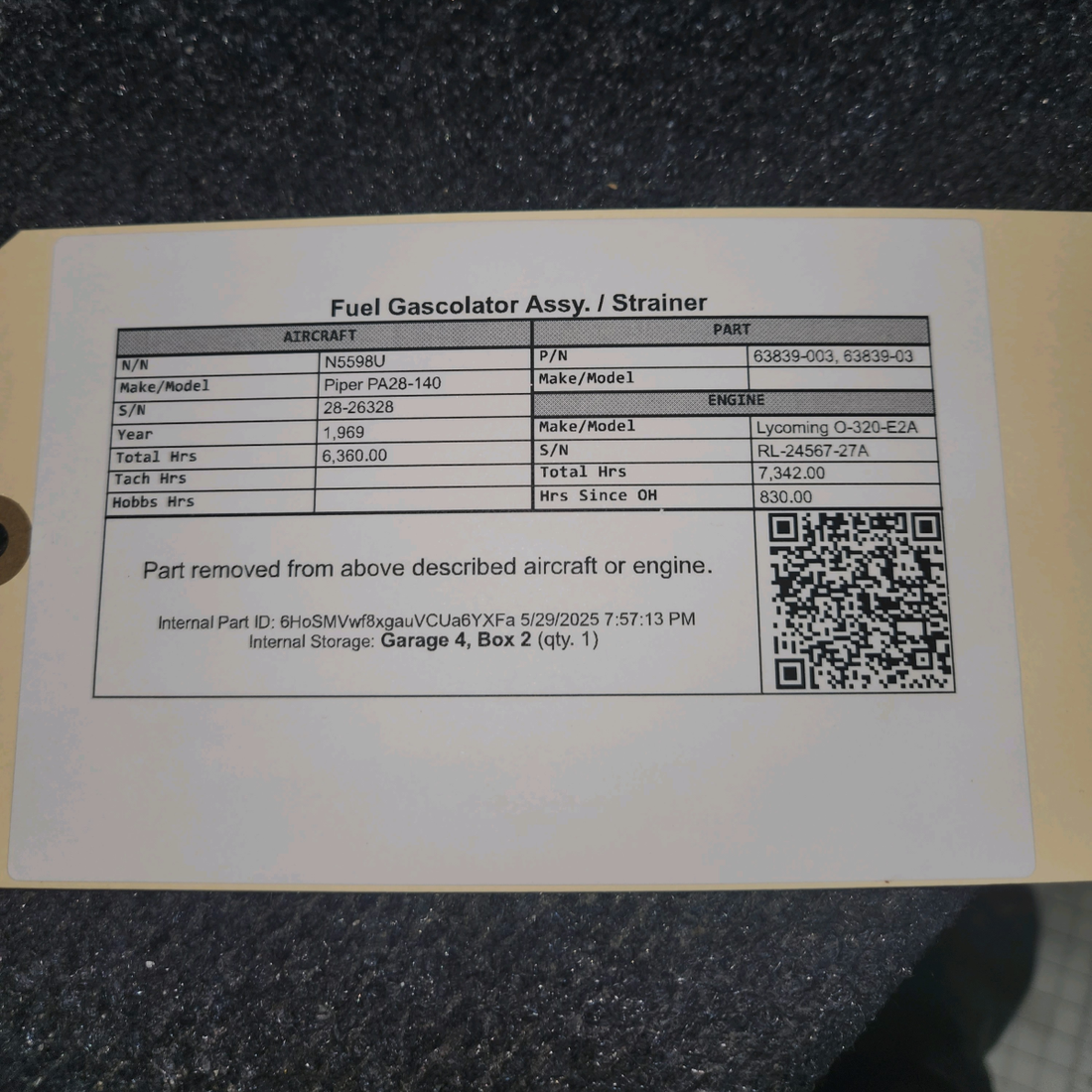 Used aircraft parts for sale, 63839-003 Piper PA28-140 Fuel Gascolator Assy. / Strainer