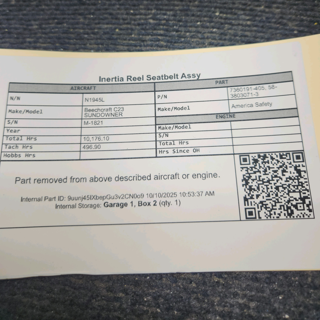 Used aircraft parts for sale, 7360191-405 America Safety Beechcraft C23 SUNDOWNER Inertia Reel Seatbelt Assembly